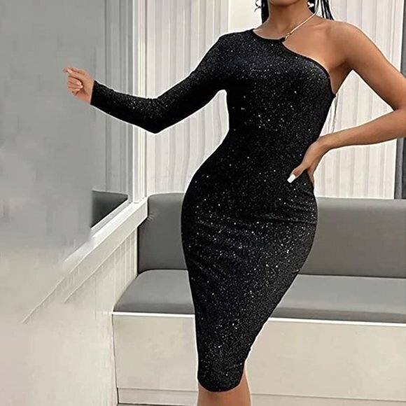 PARTY Glittering Black‎ Bodycon One Shoulder Slim Fit Midi Dress Size L RefI003 - Picture 1 of 15